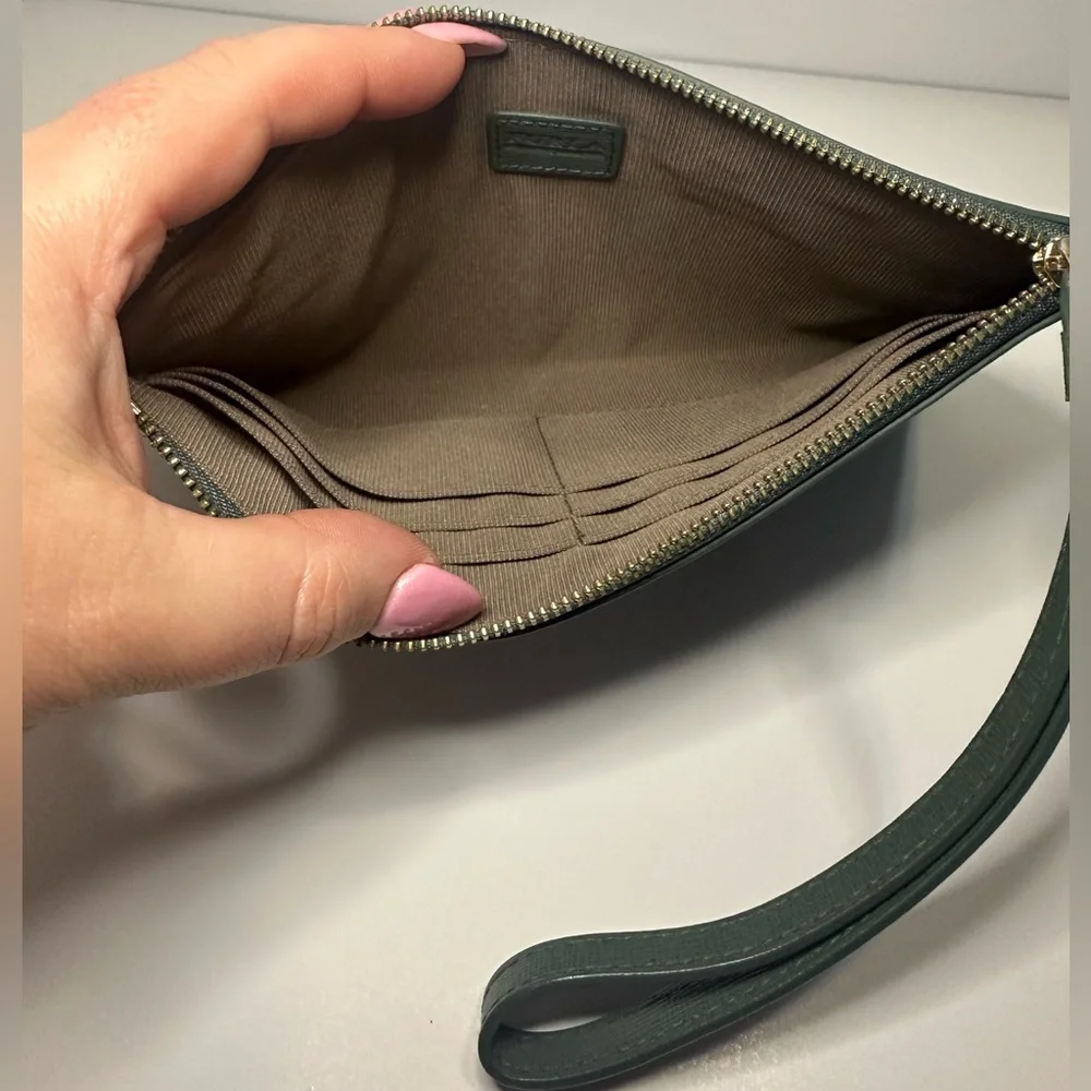 Furla EUC Deep Green Grained Italian Leather Large Wristlet